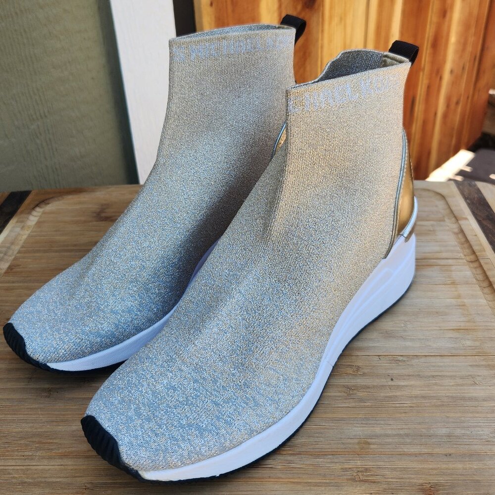 NWOB Michael Kors Skylar Sneaker Sock Gold Bootie